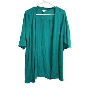 Eileen Fisher Organic Linen Open-Front Elbow Sleeve Cardigan Teal Medium